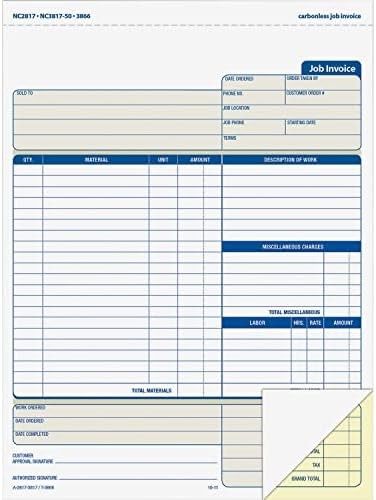 5 Pack Job Invoice Forms, 2-Part Carbonless, White, 8-1/2 x 11Inches, for Servic