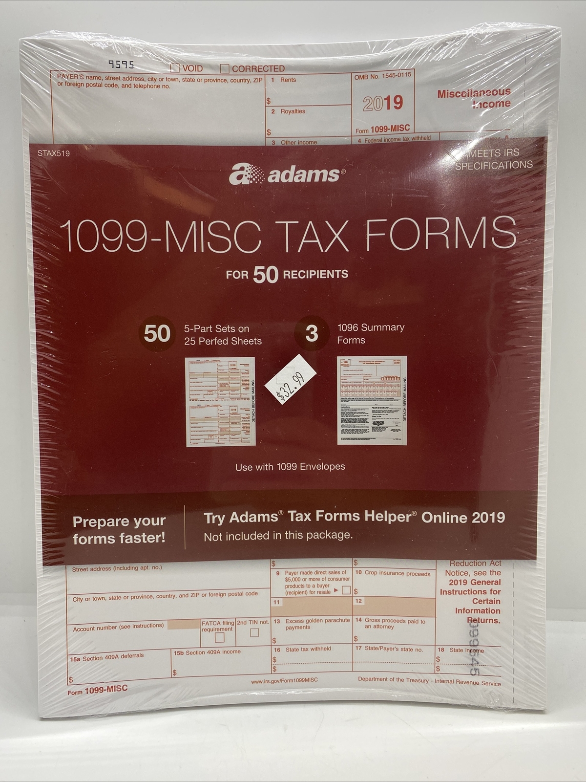 Adams 2019 1099-MISC Tax Forms and 1096, Laser Tax for 50 Recipients