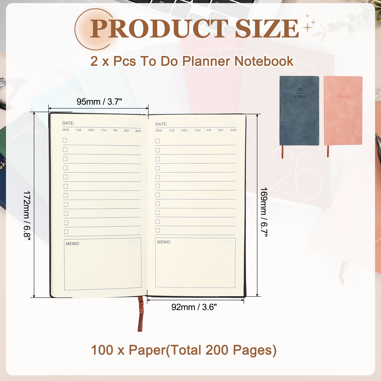 2Pcs to Do Notebook, A6 6.8 x 3.7″ Daily Planner Notebook, Pink/Dark Blue