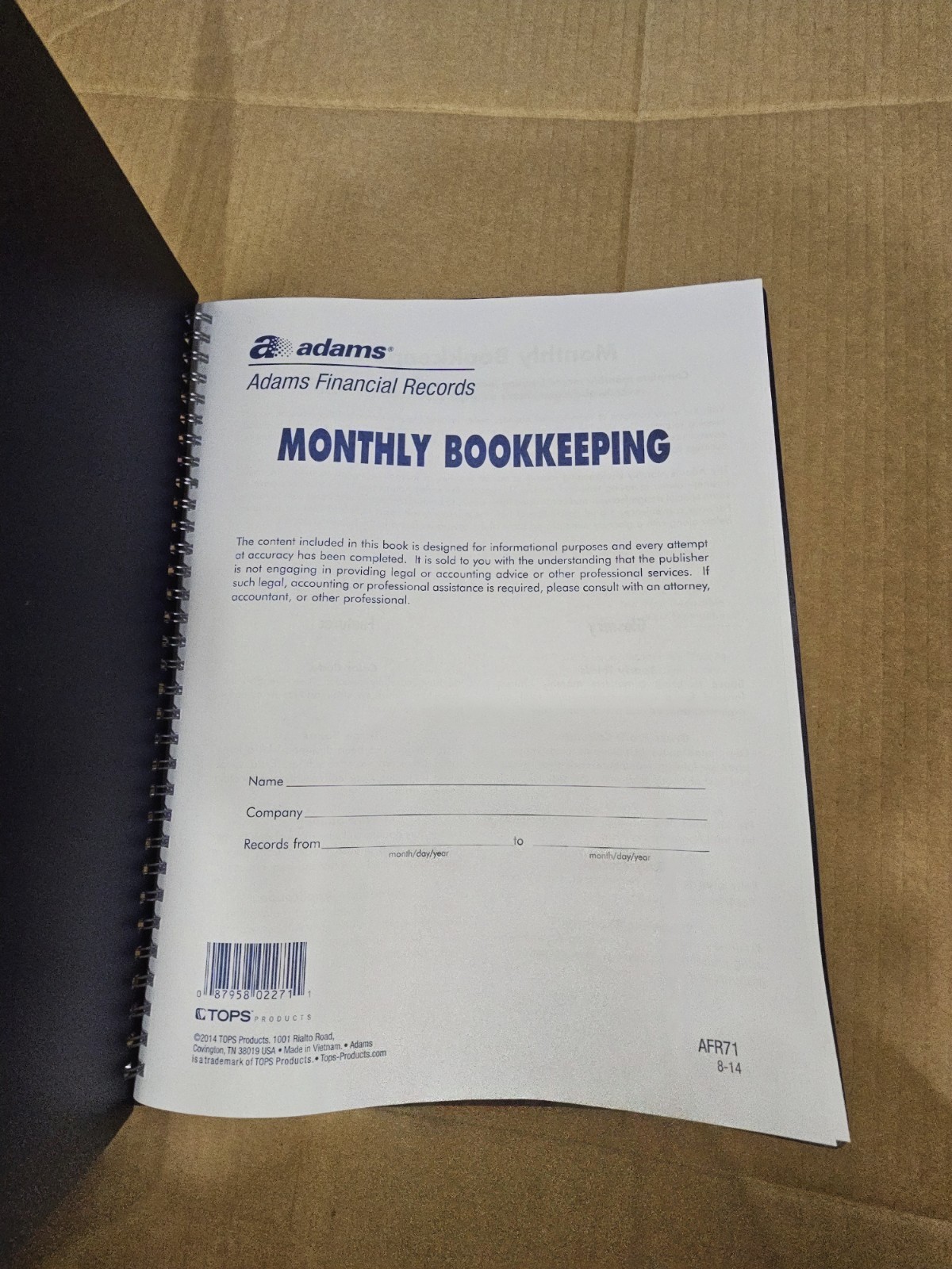 Adams Monthly Bookkeeping Record Book Undated 8.5×11 Spiral Bound AFR71