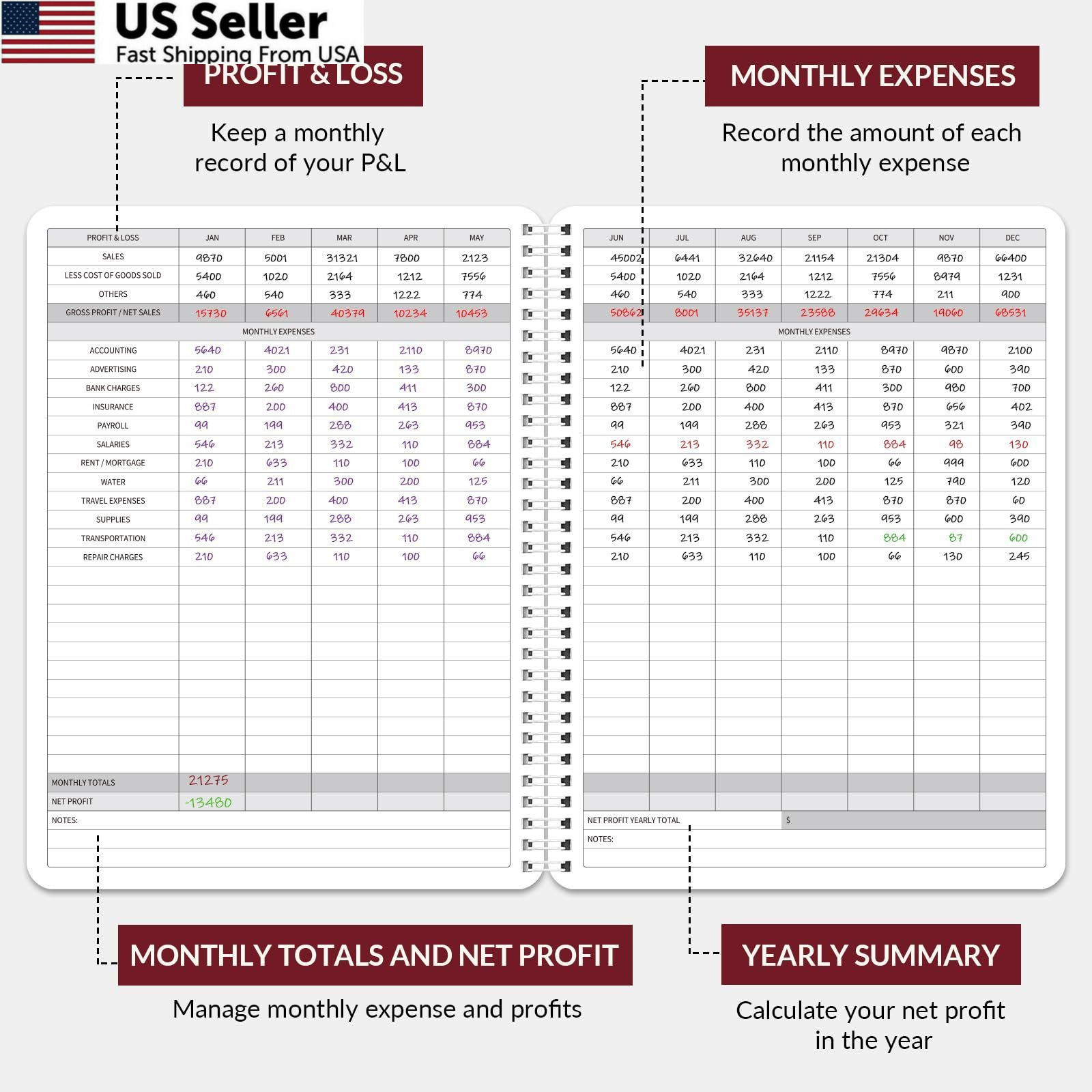 Income Expense Log Book Business Ledger Accounting Tracker 8.5×10.5 Red USA