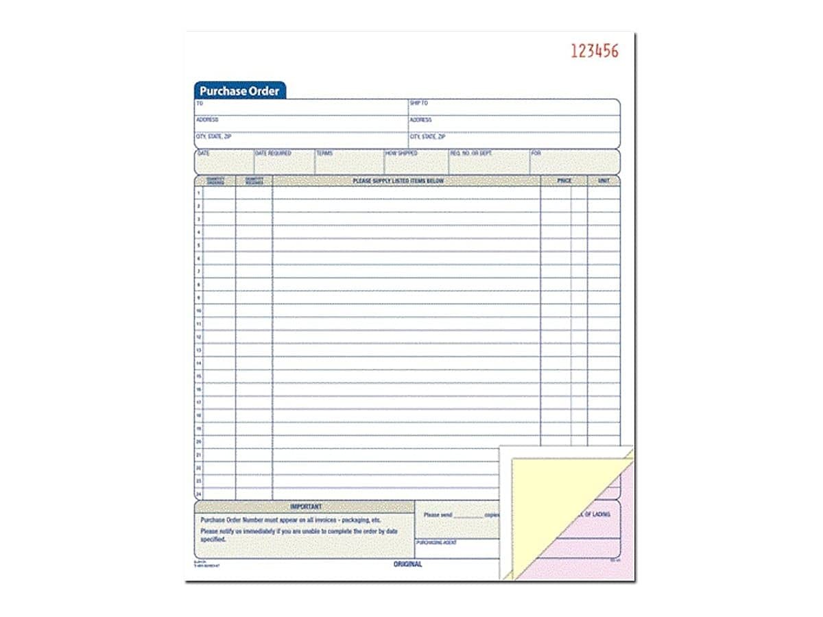 Adams Purchase Order Book Carbonless 3 Part 50 Sets White Canary Pink