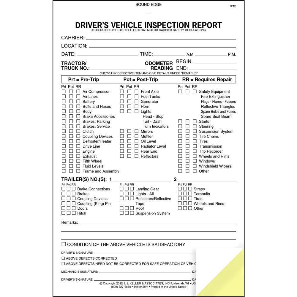 J. J. Keller Detailed Pre- & Post-Trip DVIR Book 10-pk., 2-Ply Carbonless, 5.5″