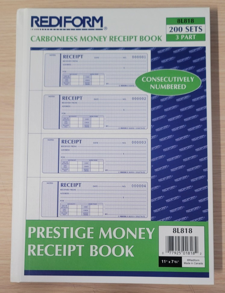 Rediform HARDBOUND Money Receipt Book, Triplicate, 200 Sets/Book -8L818