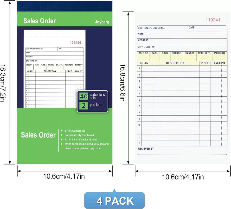 4 Pack Receipt Book, 4.17Inx7.2In Receipt Book with Carbon Copies, 2-Part Carbon