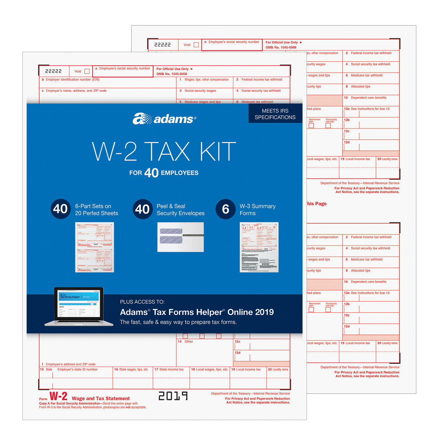 2019 40 EMPLOYEE ADAMS W-2 W2 KIT 6-PART IRS TAX FORMS LASER INKJET + ENVELOPES