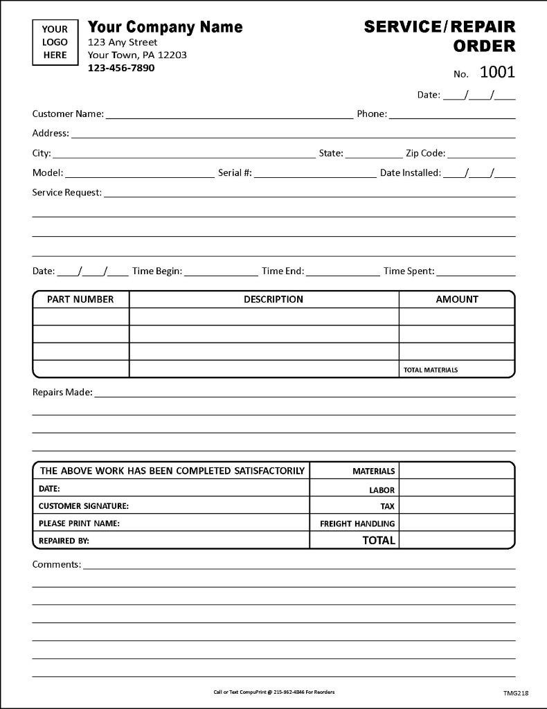 Custom Service Repair Order Forms / 8.5 x 11 / 2 or 3 Part / TMG218