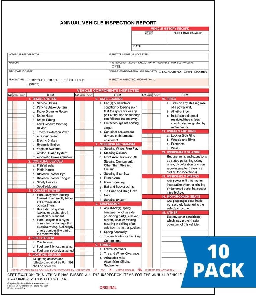 J. J. Keller Annual Inspection Forms – 10-Pack, Carbonless & Fading Resistant