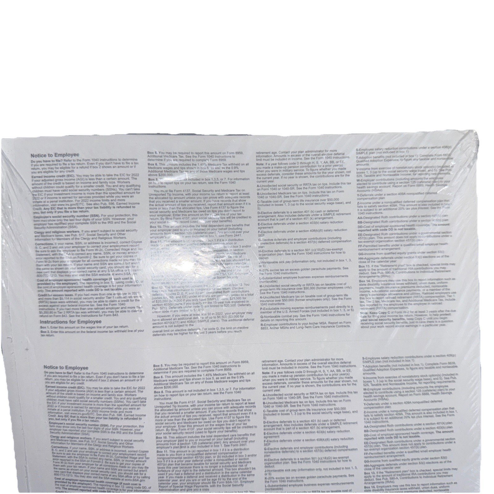 2022 Blank W-2 Forms – 3-Up Employee Copies – Laser/Inkjet – New Sealed Pack 100