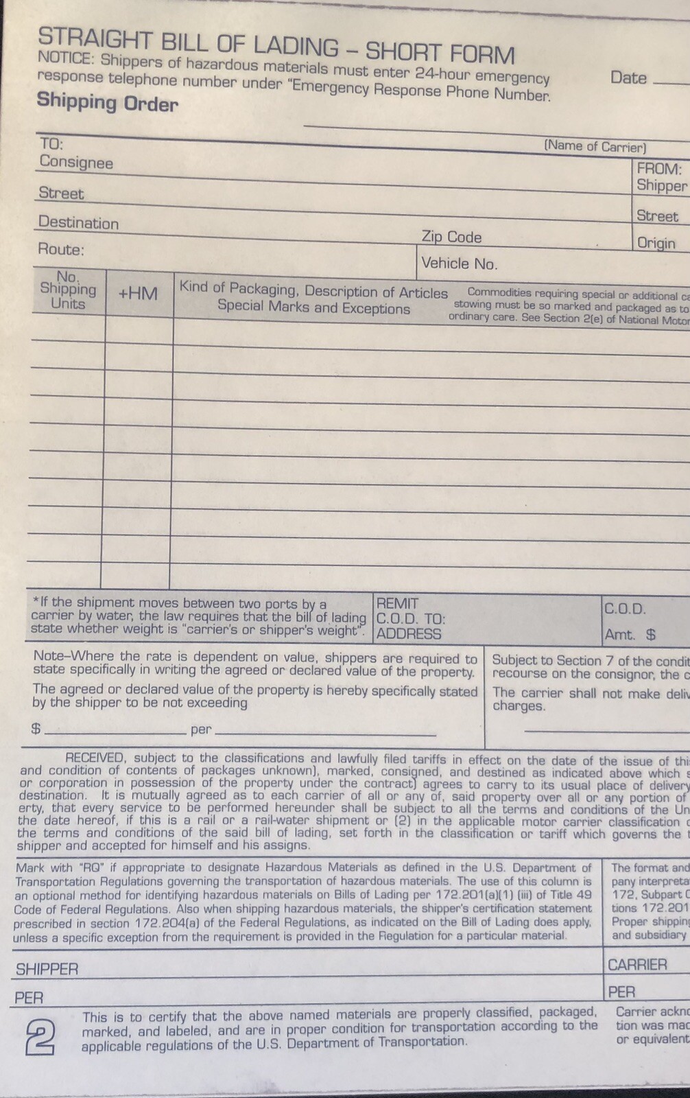 (5) Adams Bill of Lading Short Form, 3-Part Carbonless, for up to 10 Articles