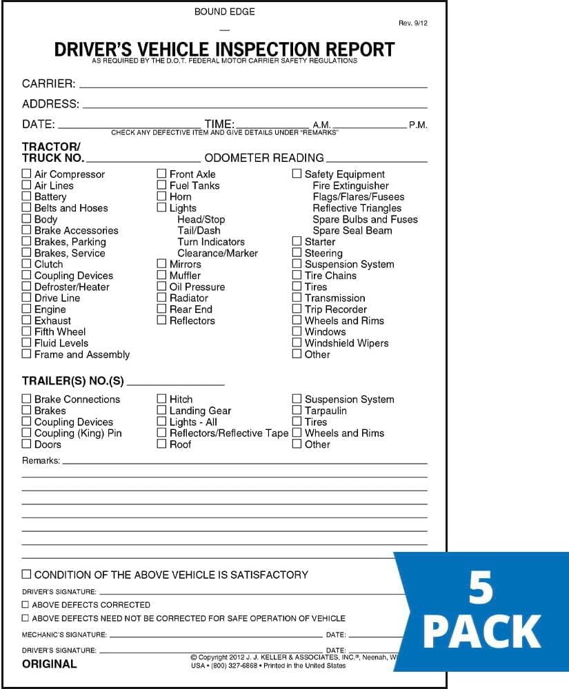 5 Pack Driver Vehicle Inspection Report Book 2 Ply Carbonless DOT DVIR Forms