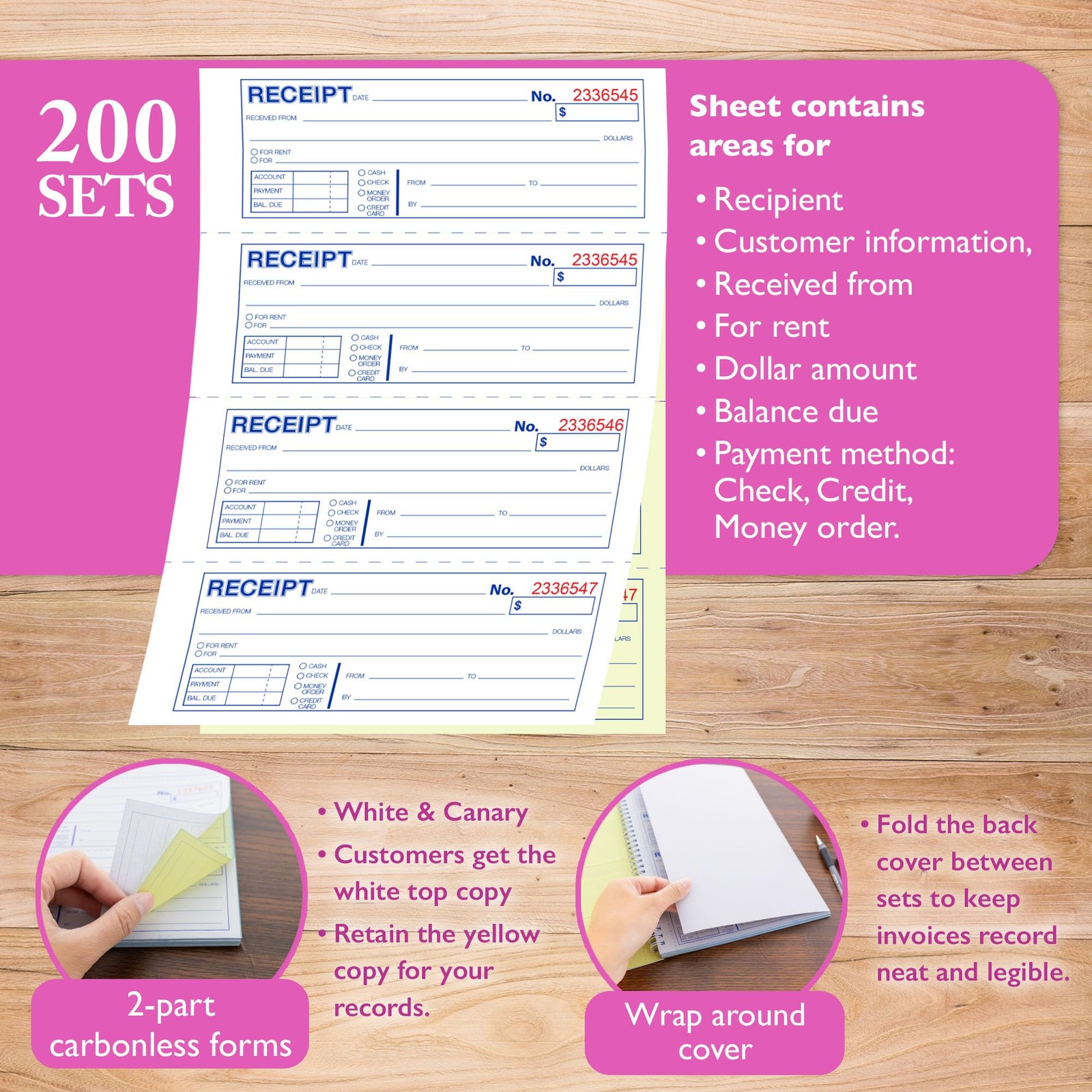 BAZIC Products Spiral Bound Receipts Book for Landlords, Business & 200 Sets
