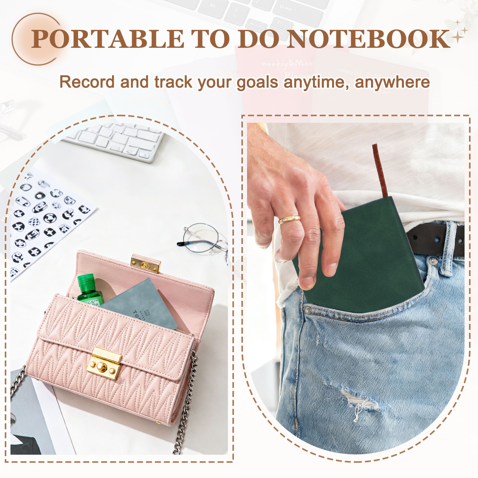 2Pcs to Do Notebook, A6 6.8 x 3.7″ Daily Planner Notebook, Pink/Grey