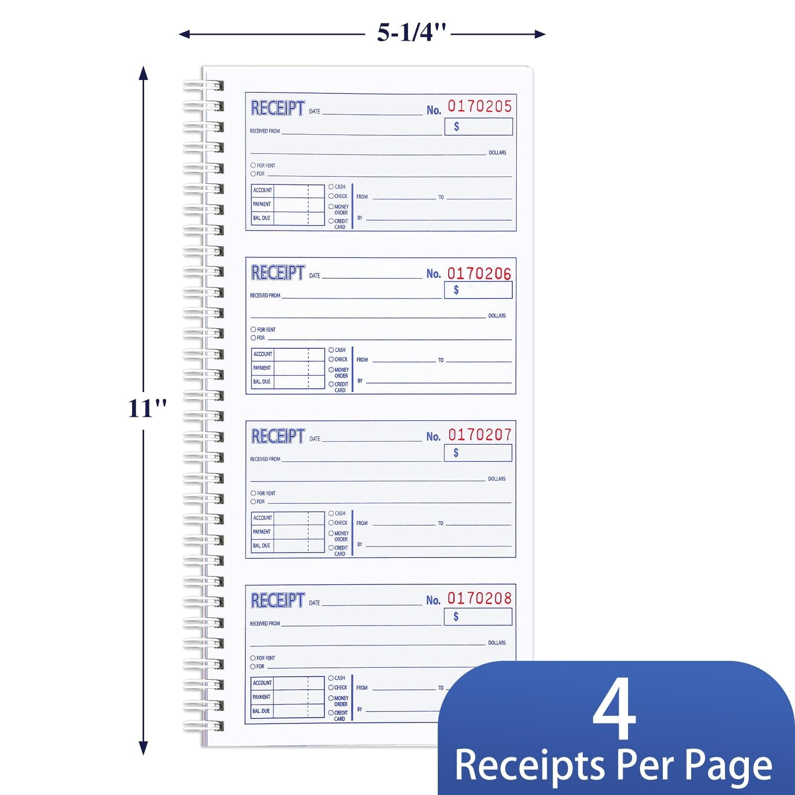 4 Pack Carbonless Receipt Books, 2-Part Spiral Bound, Rent Receipts, 200 Sets