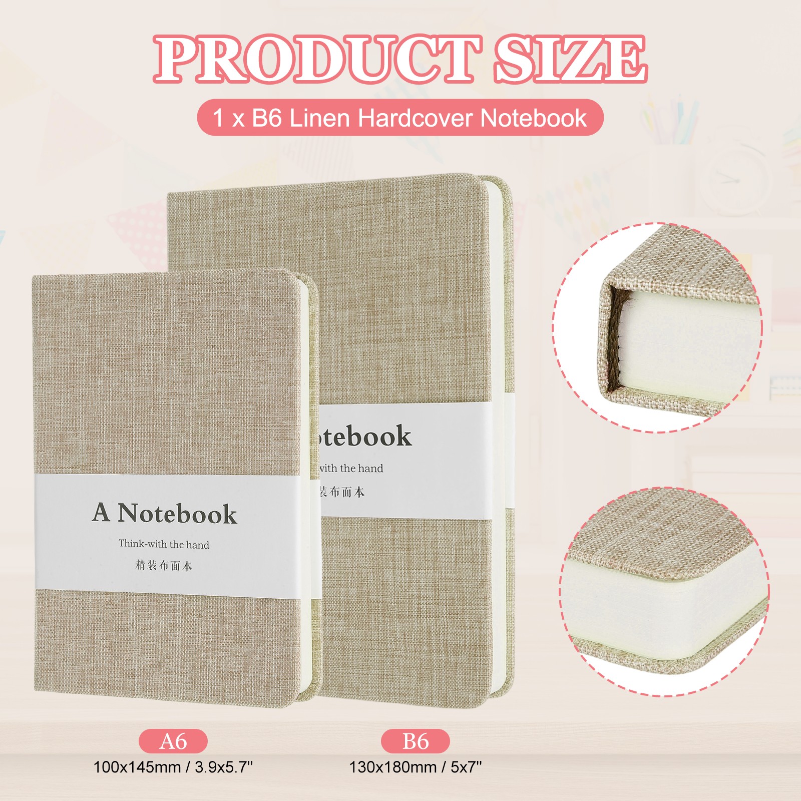 Linen Journal Notebook, 256 Pages 100 Gsm B6（5×7） Hardcover Journals (Khaki)