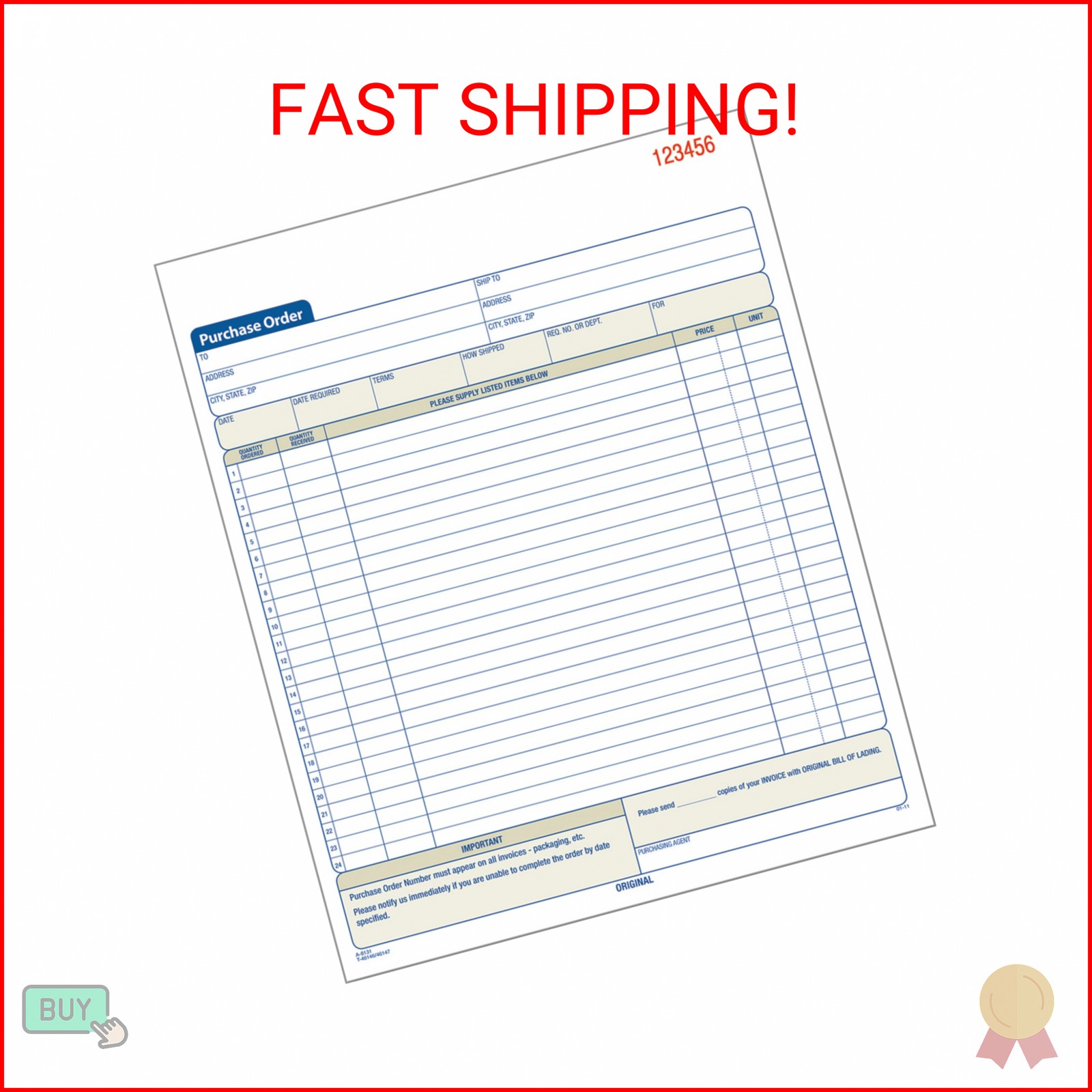 Adams Purchase Order Book, Carbonless, White/Canary, 2-Part, 8-3/8 x 10-11/16 In