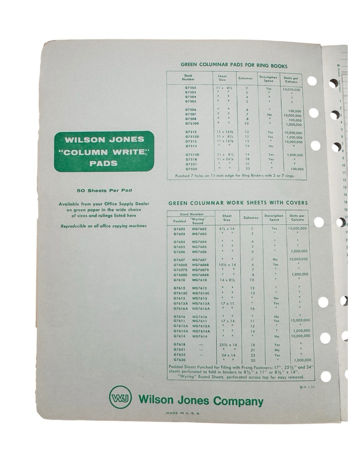 Wilson Jones G7504 Column Write Columnar Pad 4 Columns Green 50 Sheets