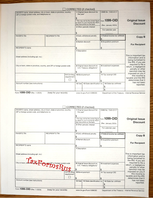 Official IRS Tax Form 1099-OID single sheet set for 2 recipients NON-carbonless