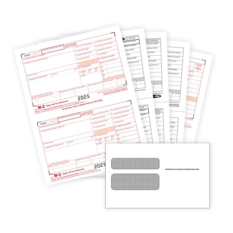 Blue Summit W2 Forms 2025 with Envelopes, 6 Part W2 Tax Forms 2025, 25 Employee