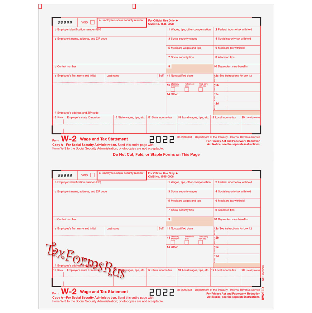 2022 IRS Tax Form W-2 Wage Stmts LASER single sheet set for 2 employees, 6-part