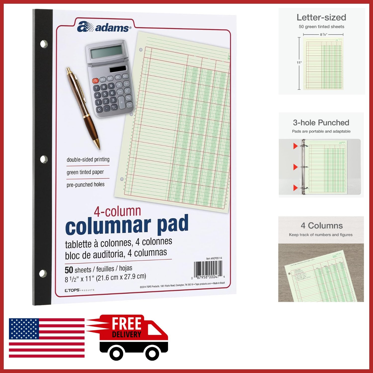 Green Columnar Ledger Pad 4 Column for Data Recording, 100 Pages, Soft Cover