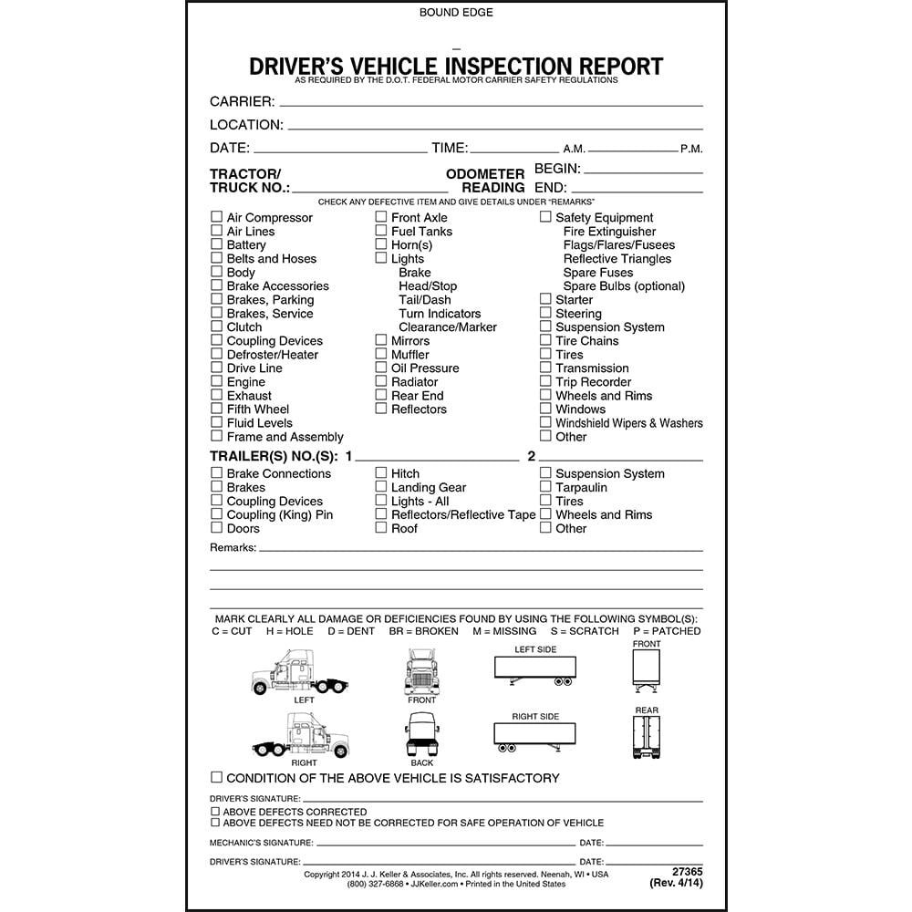 J. J. Keller Detailed Driver’s Vehicle Inspection Report with Tractor-Trailer