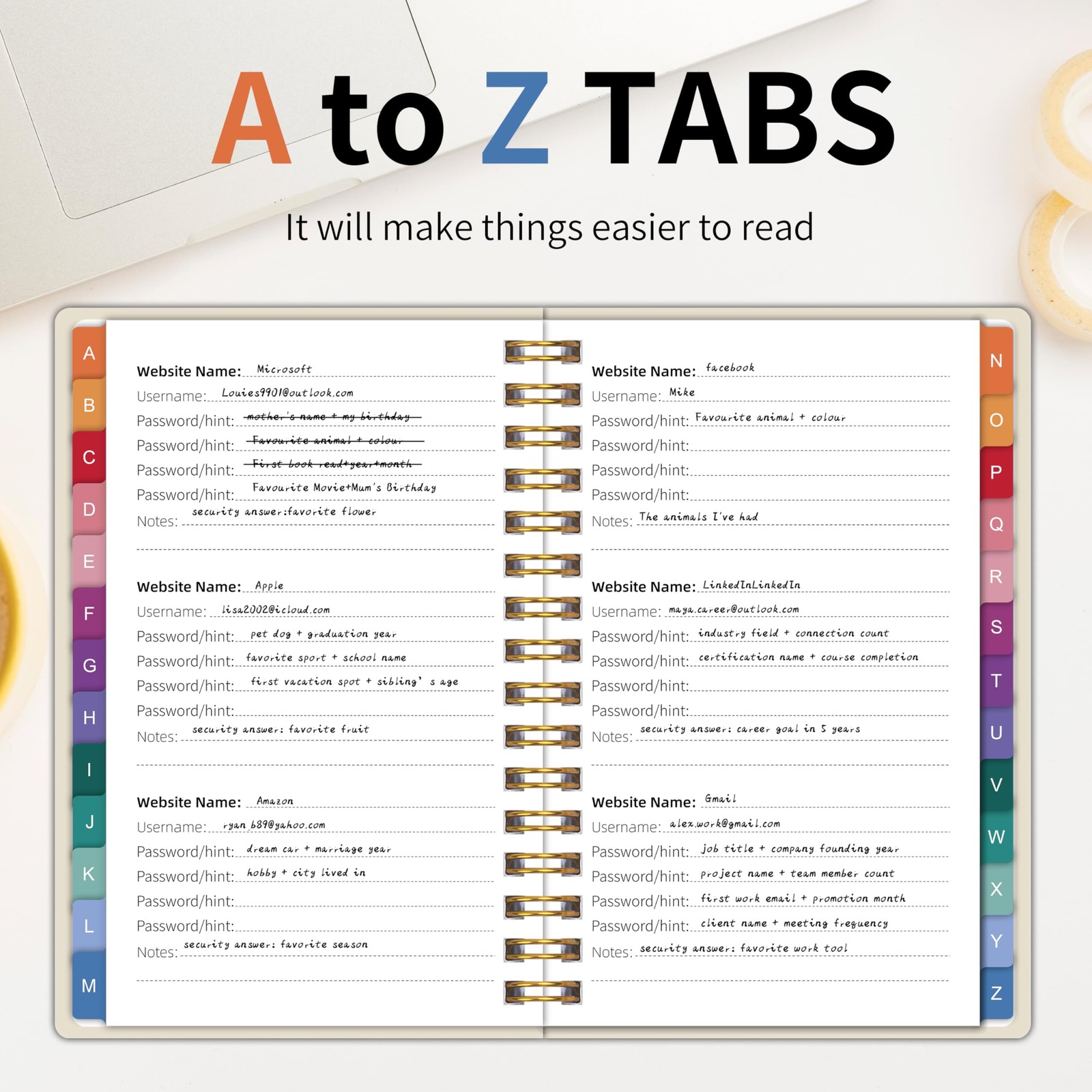 TREES Spiral Password Book with Alphabetical Tabs & A6 （4″ X 5.5″）, Black