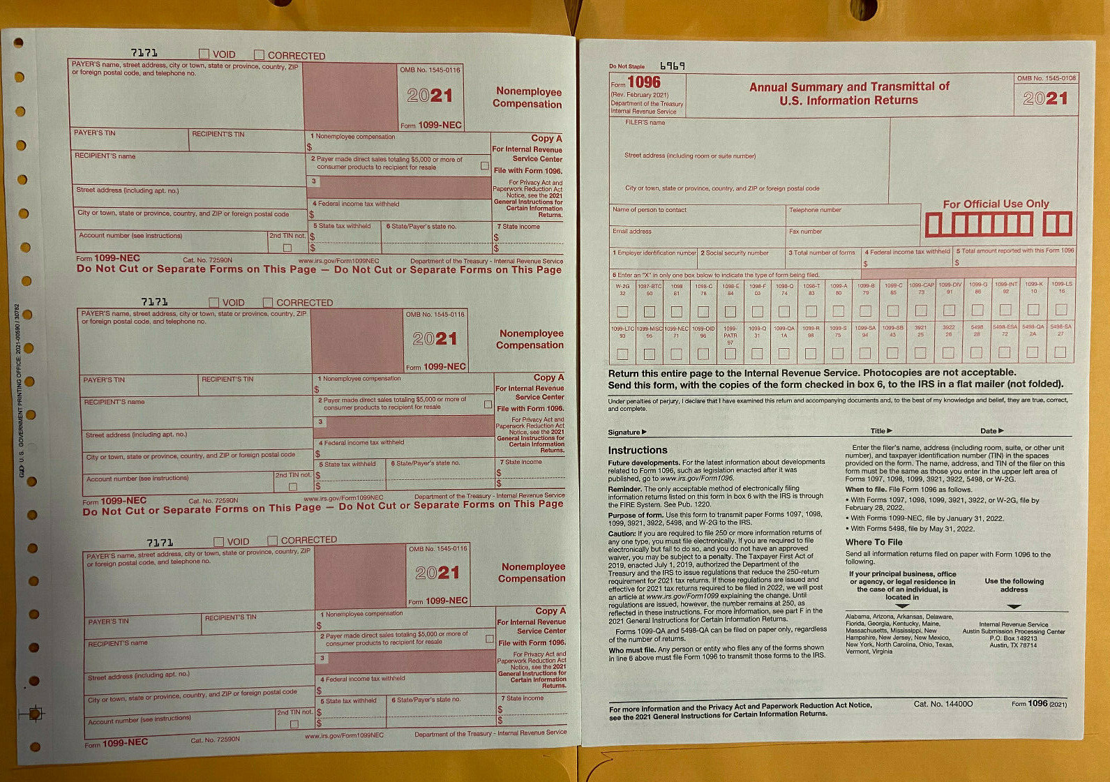 IRS Tax Form 1099 NEC Carbonless for 27 recipients + (4) 1096 forms Year 2021