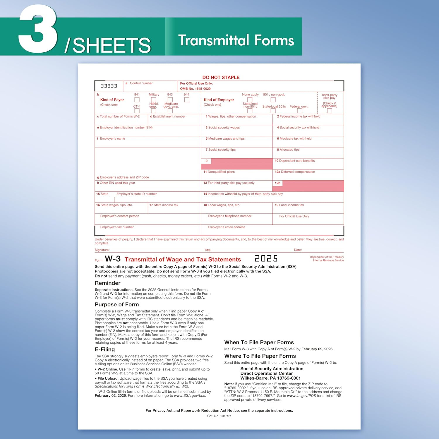 2025 W2 Tax Forms Kit with Envelopes – 25 Employee Set with W3 Forms