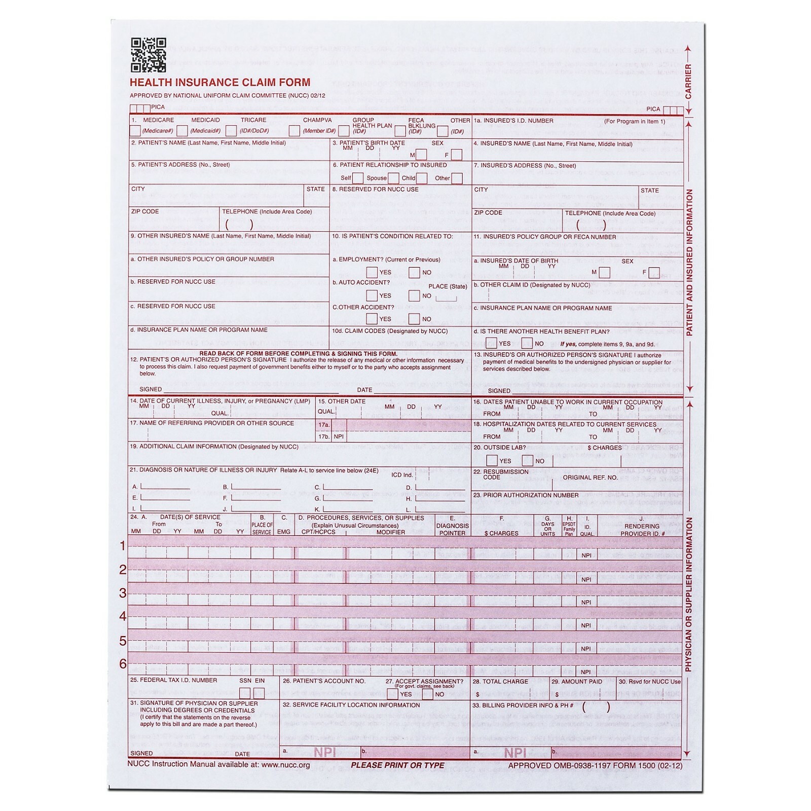 NEW CMS 1500 HCFA Health Insurance Claim Forms (Version 02/12) 500 Forms