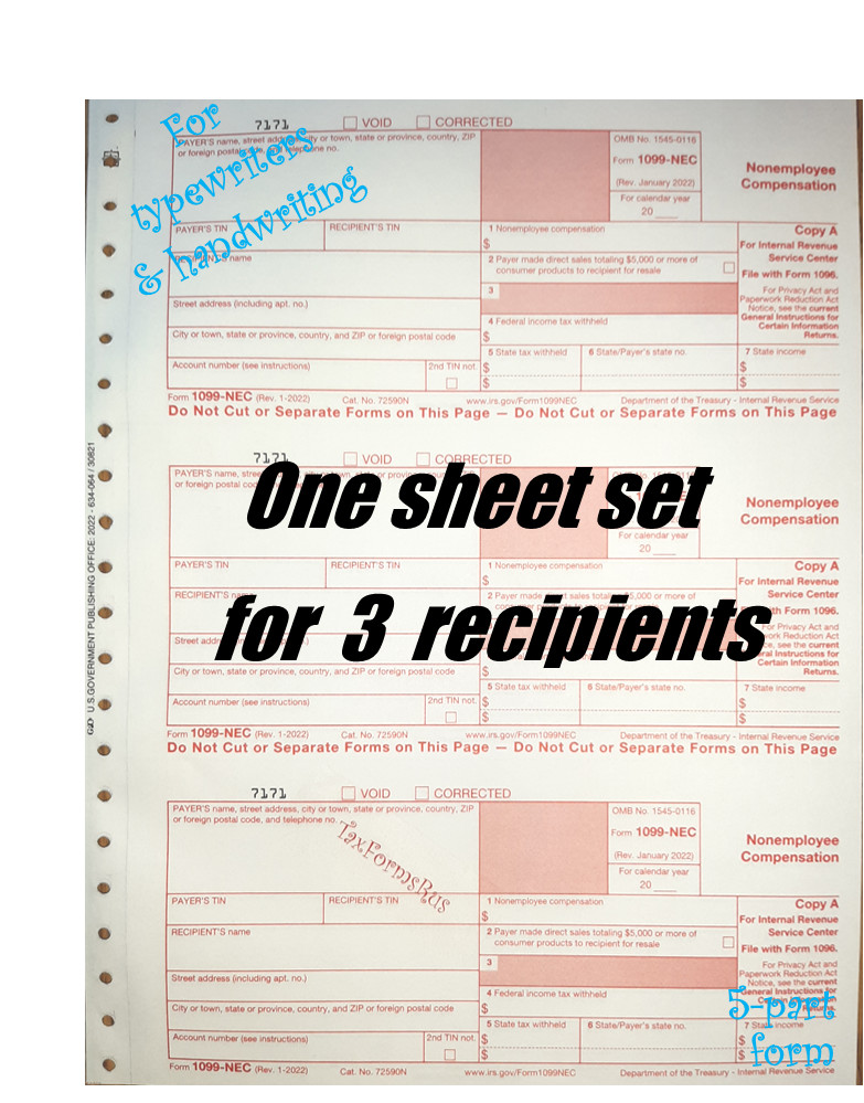 2023 IRS Tax Form 1099-NEC single sheet set for 3 recipients carbonless, 5-pt