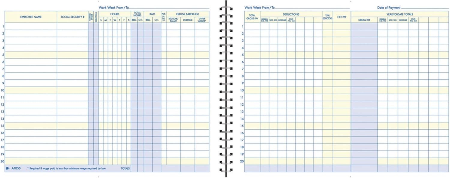 Adams Weekly Payroll Record, 20 Employee Capacity, Spiral Binding, 11 x 8.5