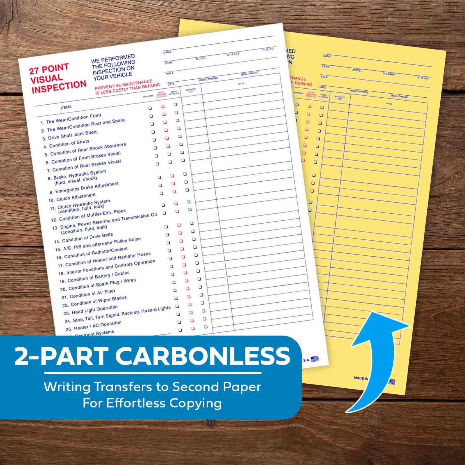 27 Point Visual Vehicle Inspection Car Sheet 2-Part (Form #27-Point) (100 pack)
