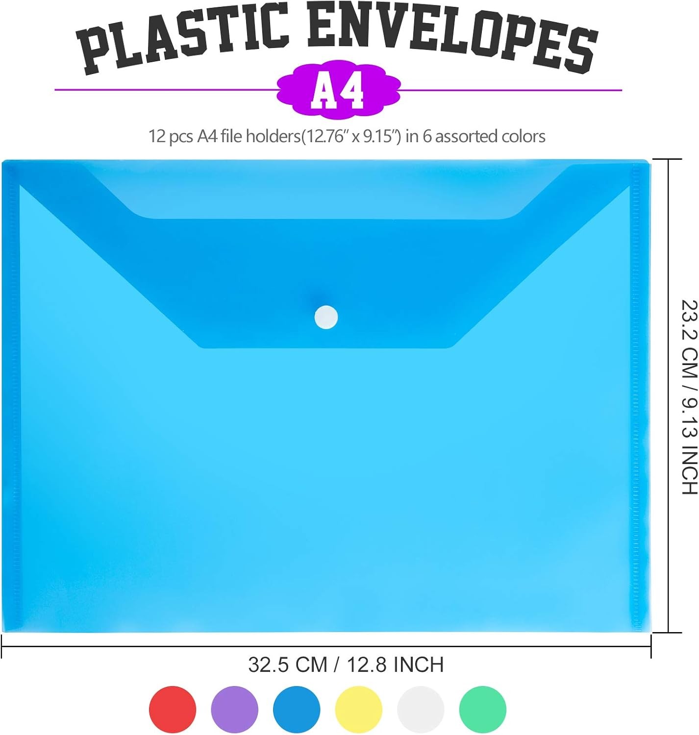LEOBRO Plastic File Folders, 12 PCS A4 Size Envelopes With Snap Multicolor