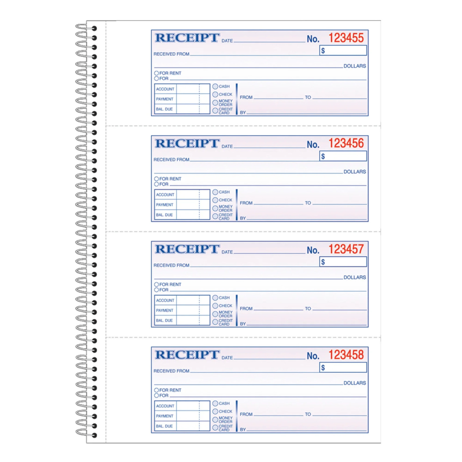 Money Rent Receipt Book, 200 Sets, Carbonless, Spiral Bound, 4 Forms/Page