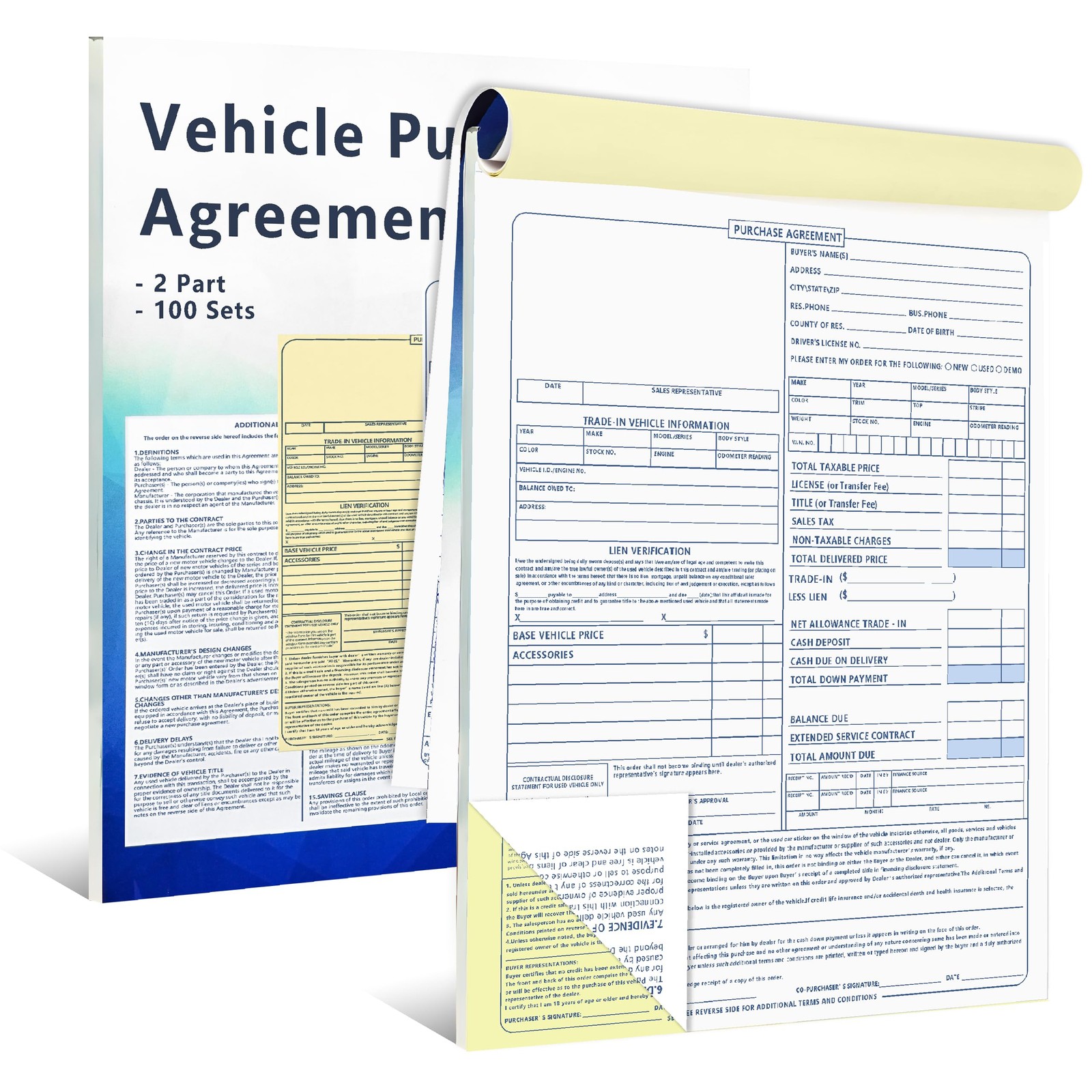 Vehicle Purchase Agreement Forms 2 Part Carbonless Copy Book 8.5 x 11 Blue