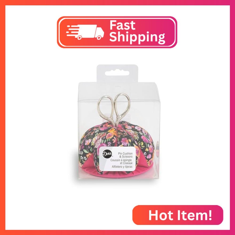 Dritz Pin Cushion with Scissors, Black/Pink Floral