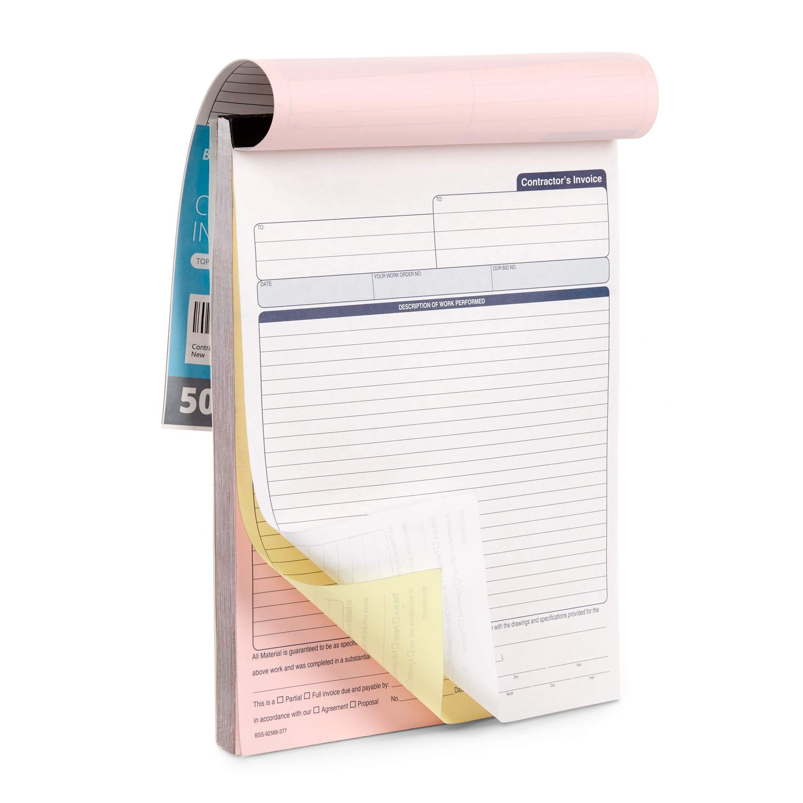Contractor’s Invoice Book 3 Part Carbonless Forms 50 Full Page Receipts