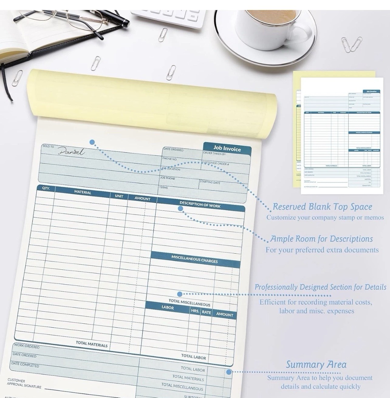 Large Job Work Order Forms, Job Invoice Forms/Receipt Book with Carbonless Copie