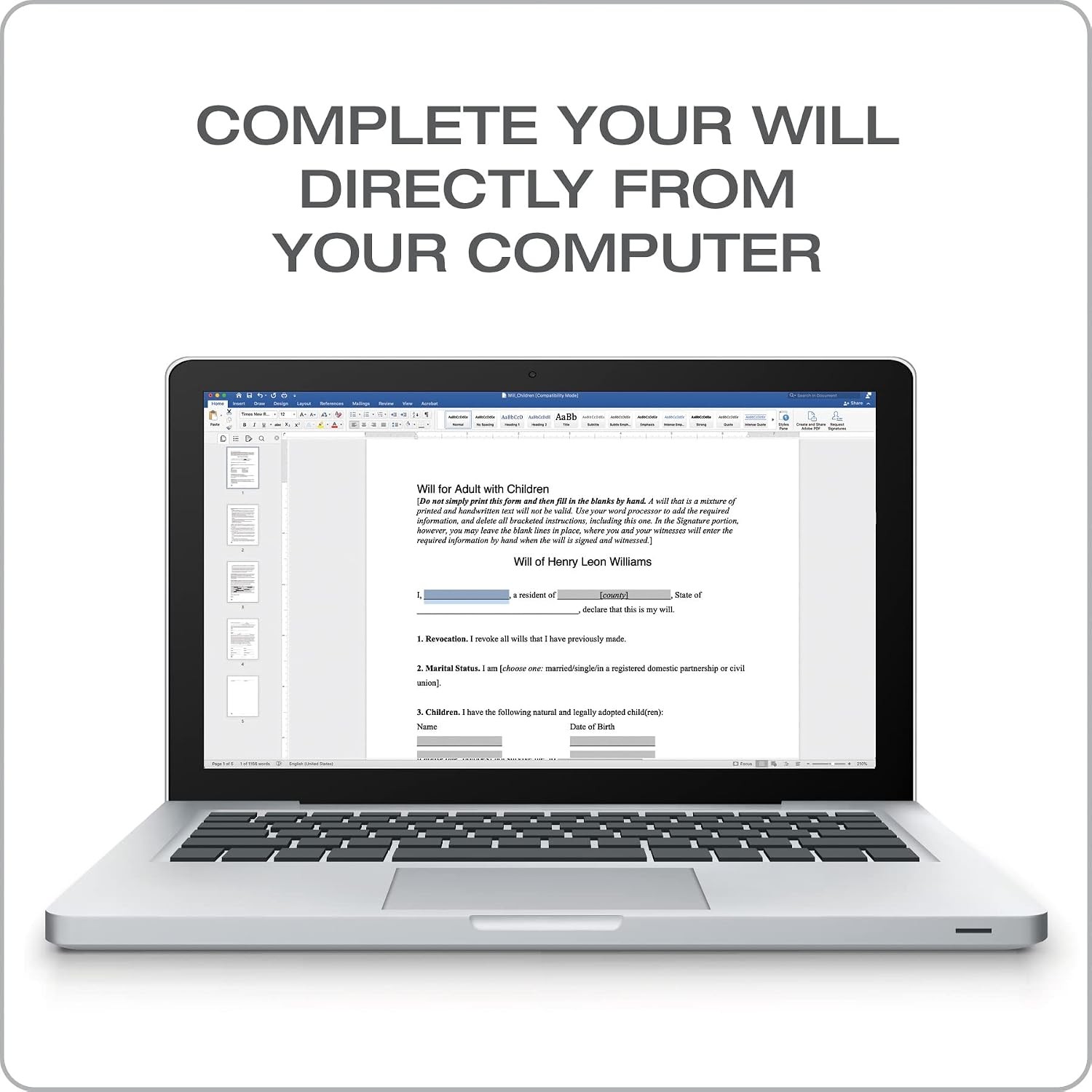 Last Will & Testament Forms Downloadable Fillable in PDF or Word Processing