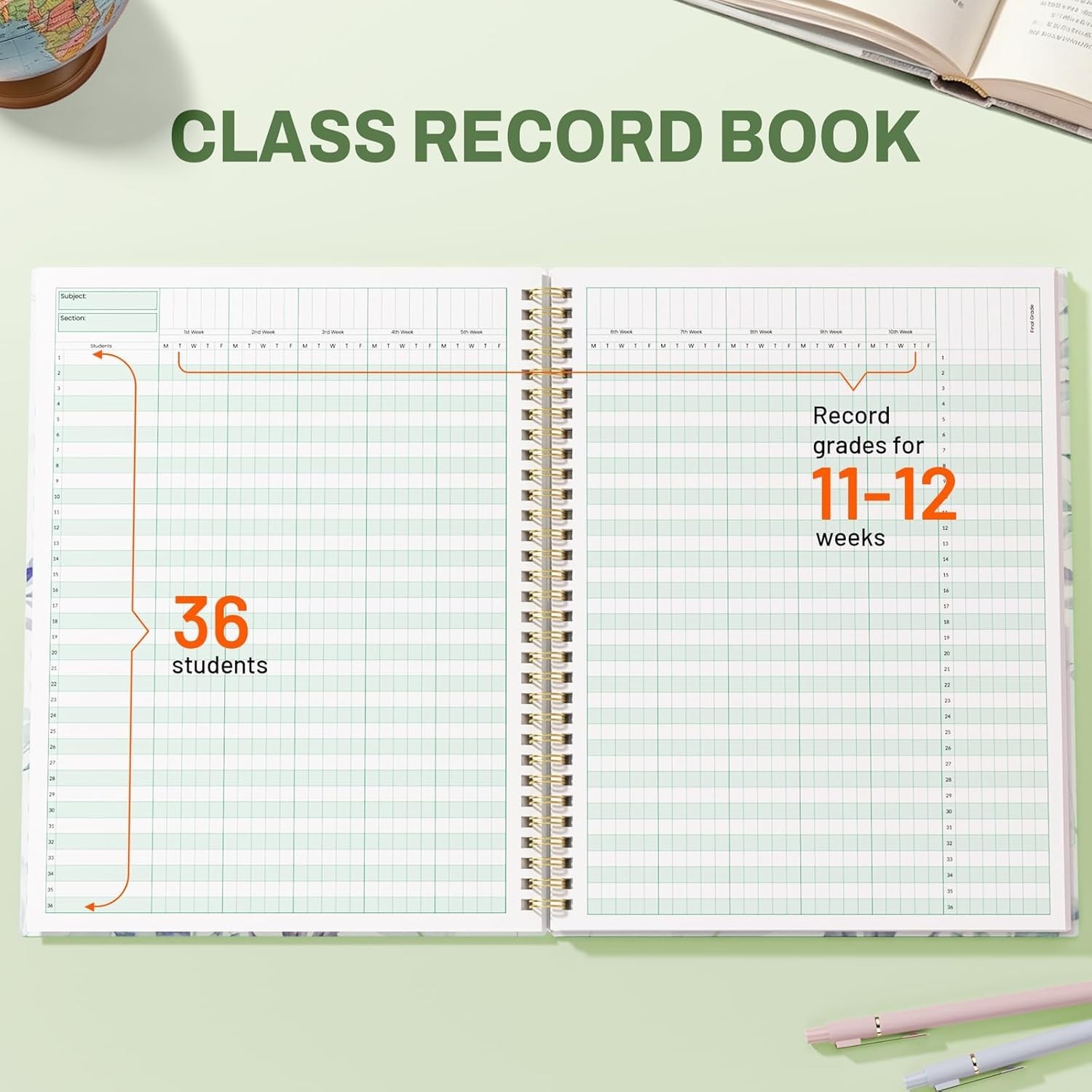 SUNEE Teacher Class Record Book for 11-12 weeks, 36 Names, 8.5×11 Inch, 104 P…