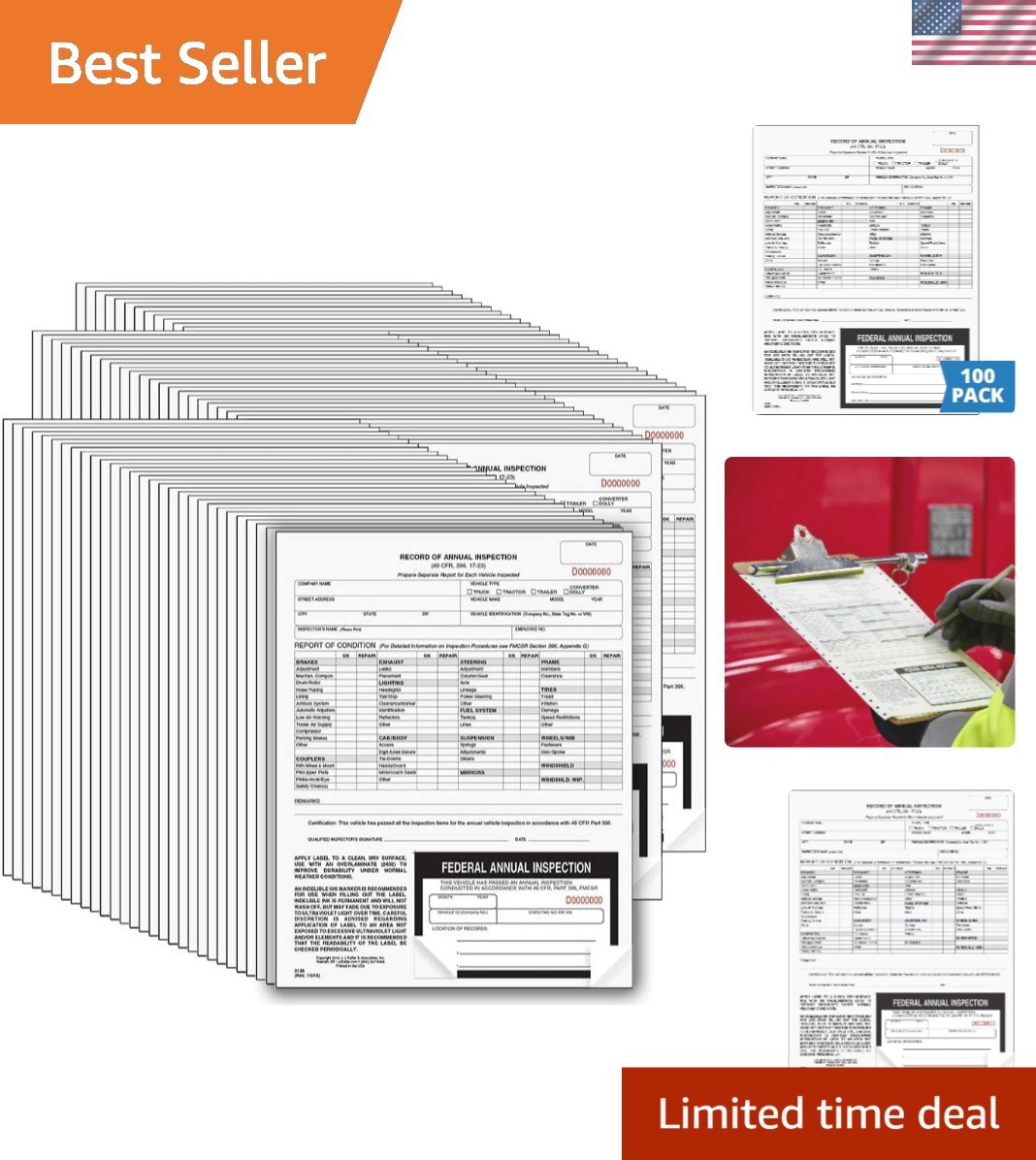 J. J. Keller 100-Pack, Record of Annual Inspection Form with Inspection Label…