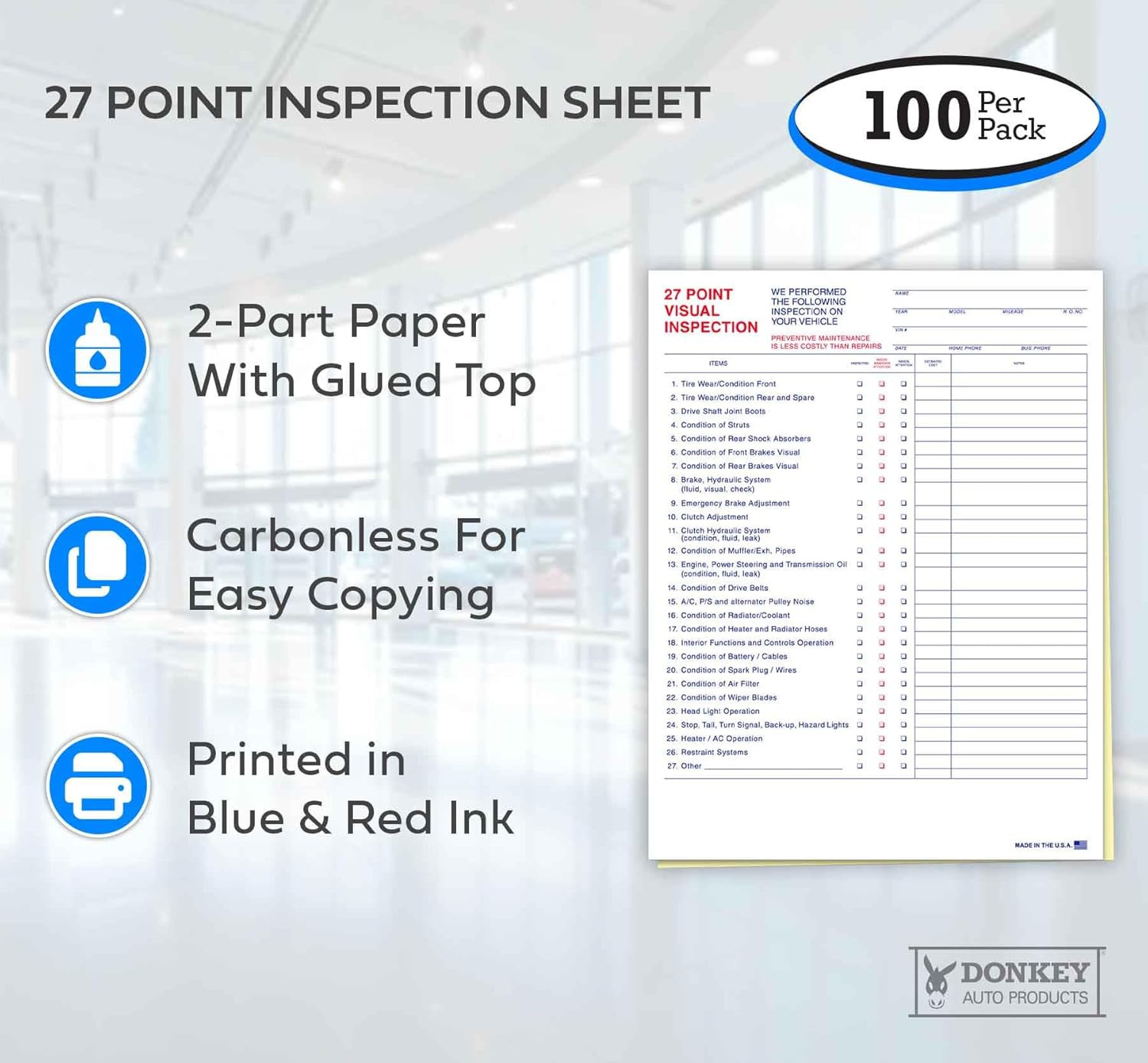 27 Point Inspection Sheet – Vehicle Inspection Form – 100 Pack