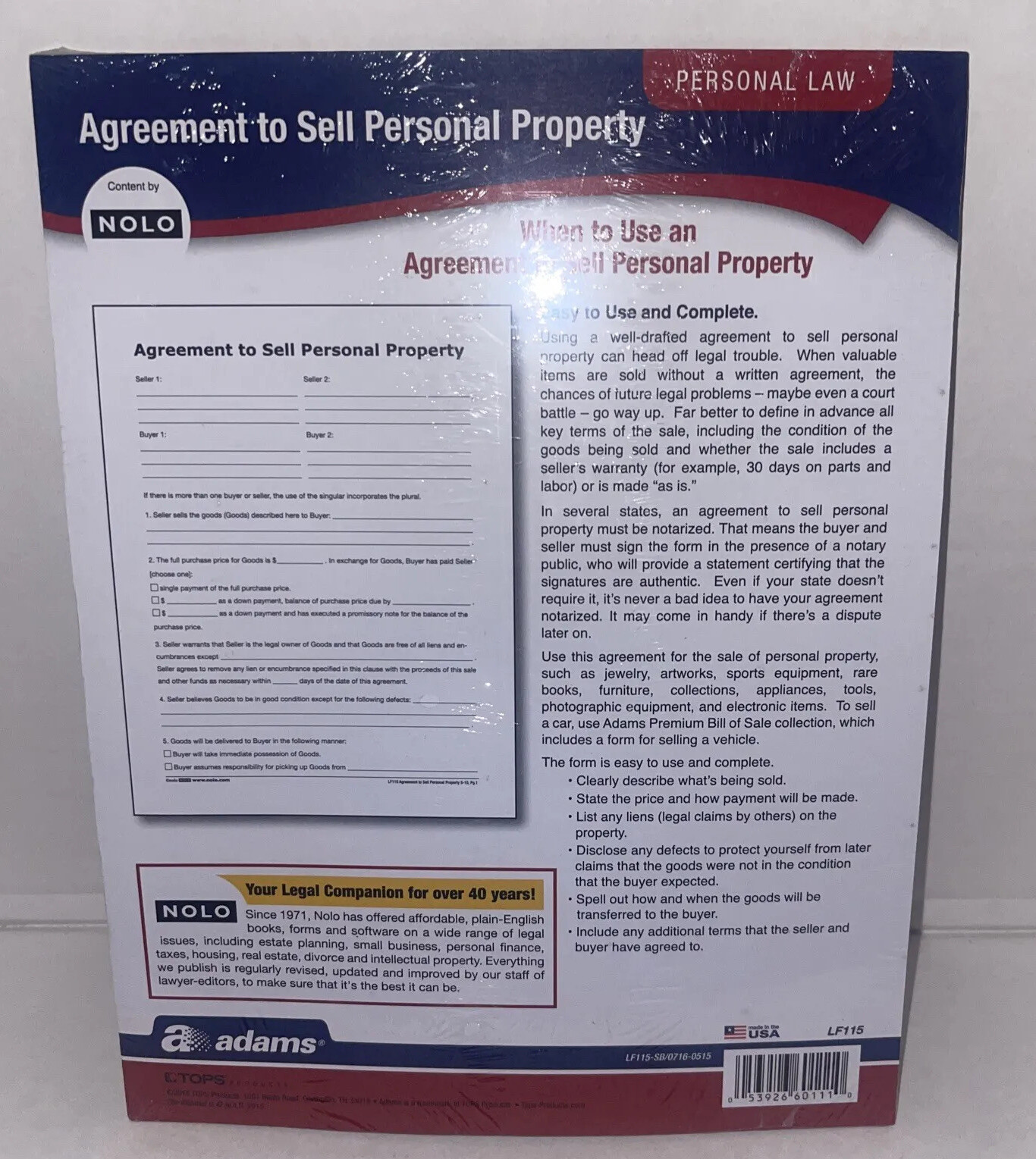 Socrates Agreement To Sell Personal Property Forms (LF115):New/Sealed P14