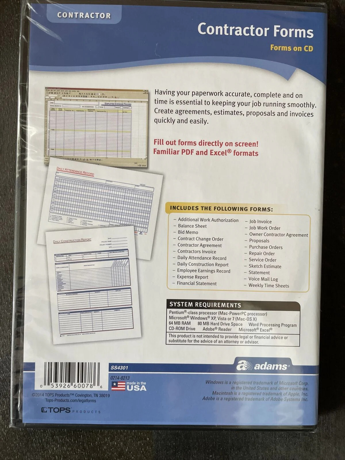 Adams Contractor Forms on CD SS4301 Windows & Macintosh PDF And Excel Sealed