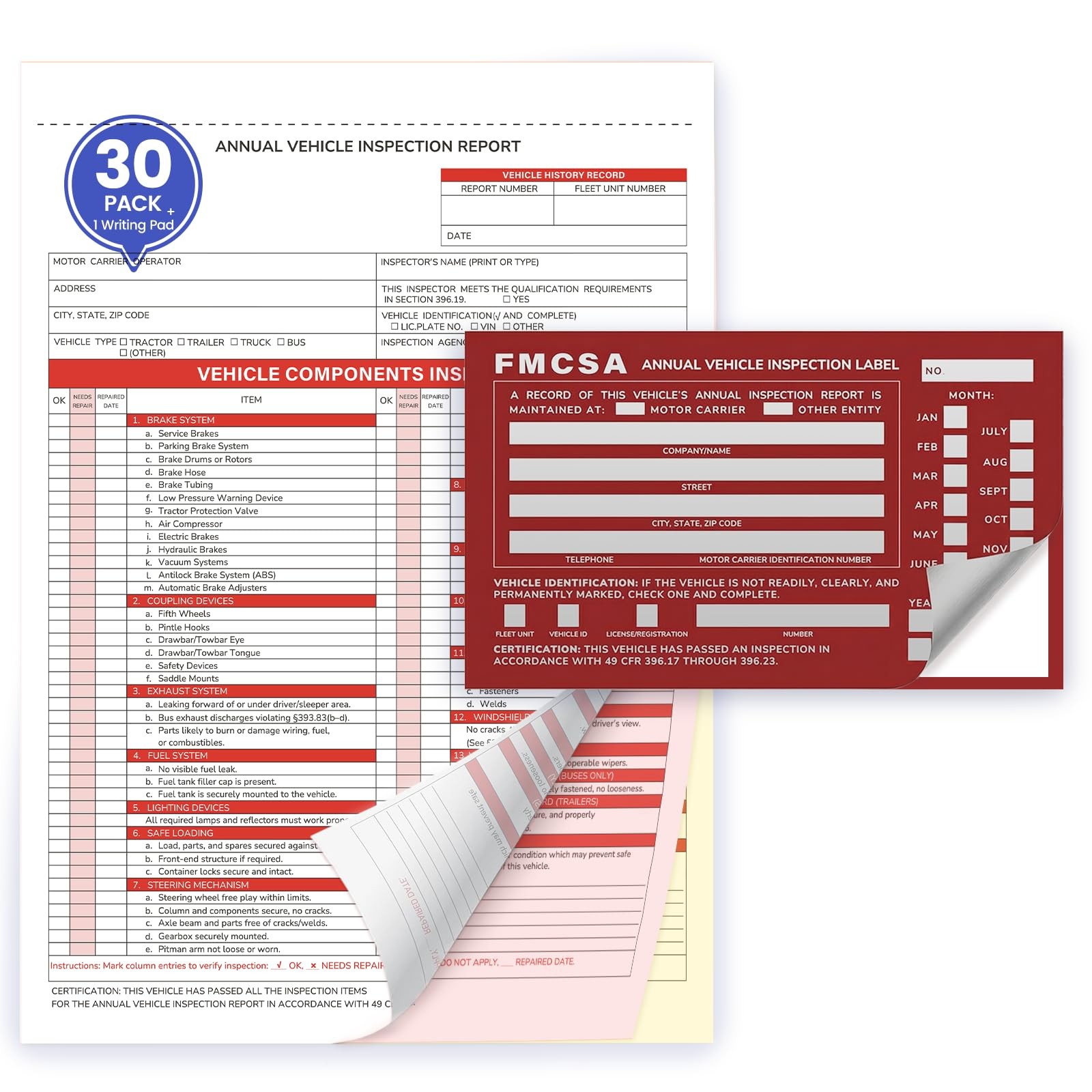 Vehicle Inspection Record Kit 3-Part NCR Forms 30 Sets 30 Labels for Trucks &