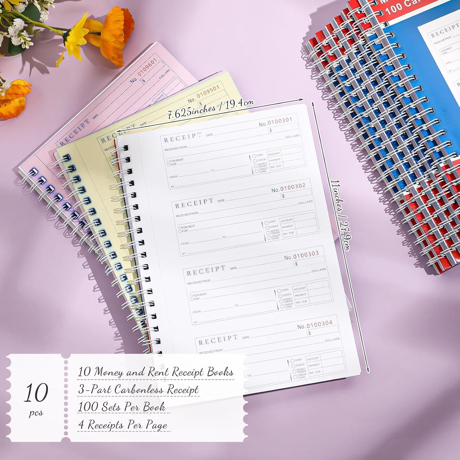 10 Pcs Carbonless Money & Rent Receipt Books – Spiral Bound, 3 Part, 100 Sets