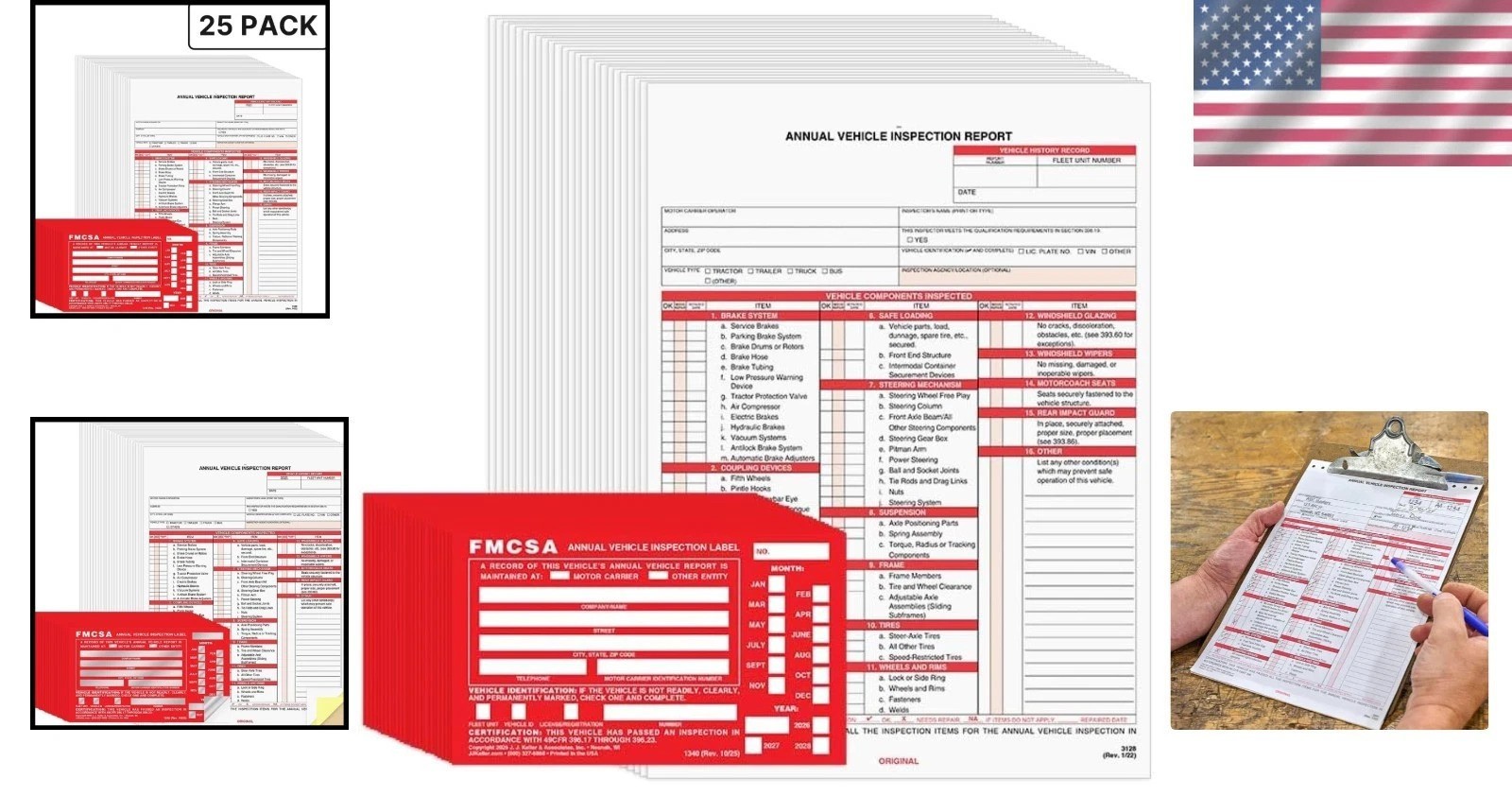 Vehicle Inspection Report Form & FMCSA Label 25 Pack Aluminum 8.5×11 Carbonless