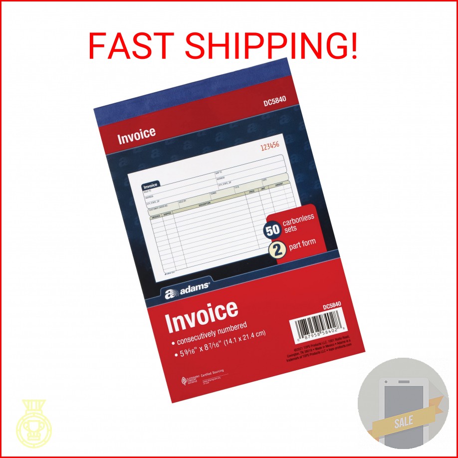Adams Invoice Book 3 Pack, 2 Part Carbonless Invoices, Horizontal Sales Slip, 5-