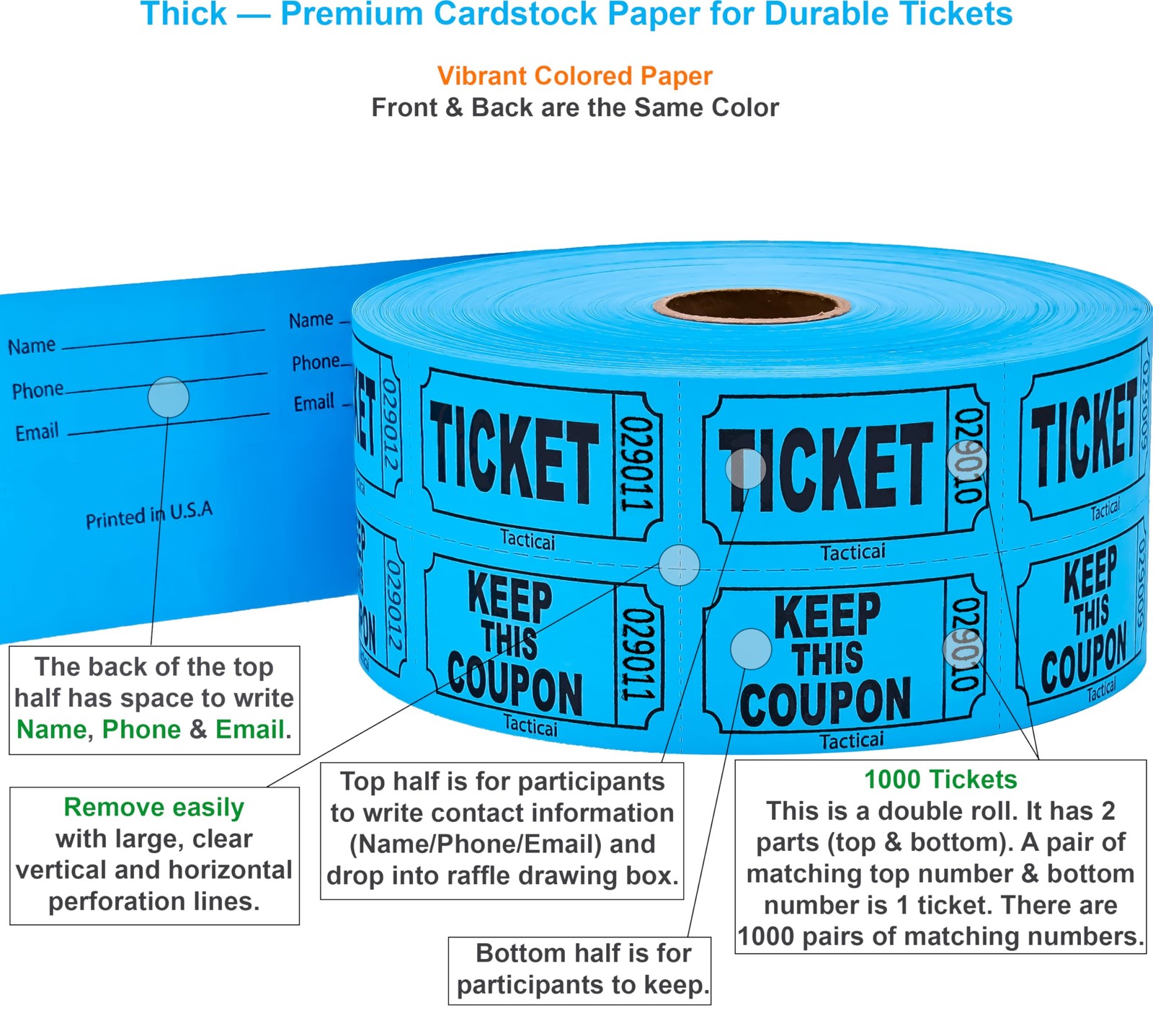 1000 Tacticai Raffle Tickets, A – Double Roll – 1,000 Tickets – Keep – Blue